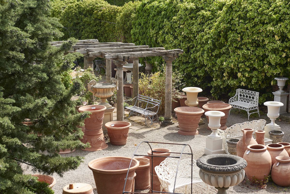 Holloways Garden Antiques courtyard with terracotta pots